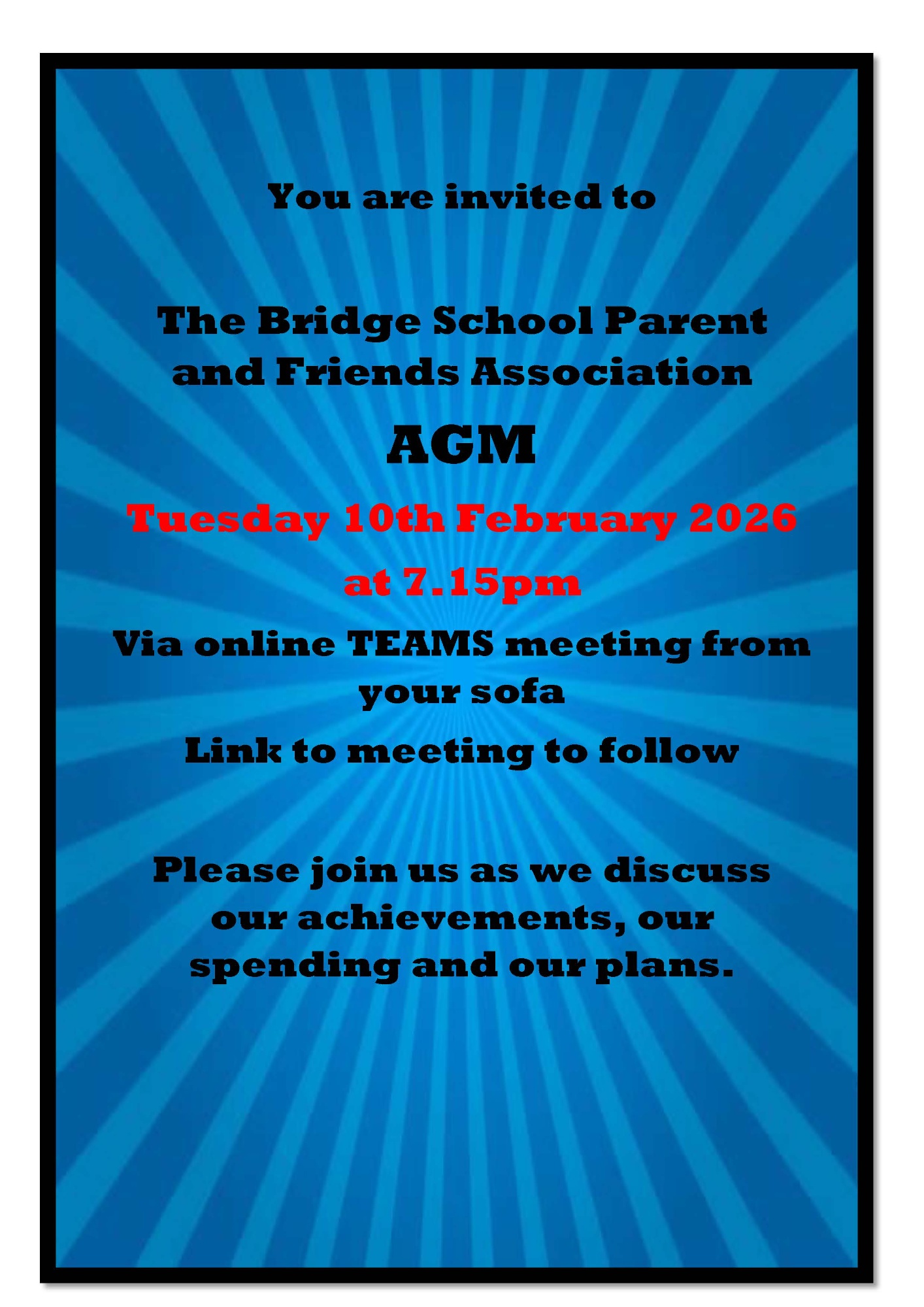 Poster for Parents Association AGM on 10th February 2026 at 7.15pm.